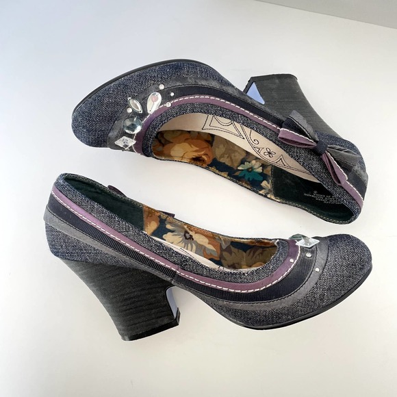 Bobbi Blu | Women's Delicate Blue Denim Pumps Bow Gems Detail Block Heel | sz 8 - Picture 2 of 8